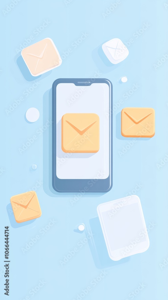 Poster email marketing campaign showing a smartphone receiving email messages on a light blue background, s