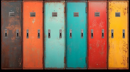 Vintage Worn Lockers in a Colorful Row