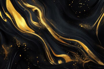 Shiny ebony stone embellished with gilded highlights. Luxurious aesthetic, sparkling gold, fluid artistry. Abstract golden fluid pattern. Three-dimensional visualization