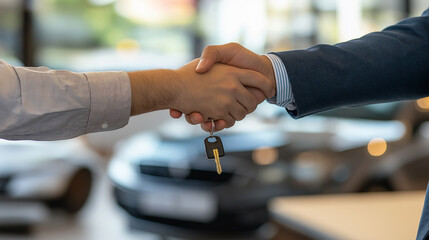 Close-up of car dealership business giving keys to new owner and handshake in office