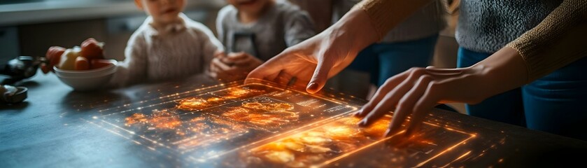 Family Cooking Holographic 3D Recipe Book Close Up, Smart Kitchen Technology Enhancing Collaboration, Futuristic Cooking Interface Symbolizing Bonding in Culinary Experience, Food Product Ads