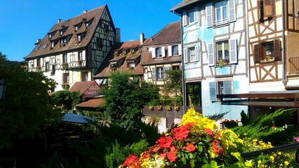 Panoramic view of the typical houses of Colmar, in Alsace, during a summer day