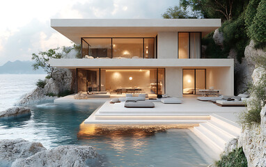 Fototapeta premium Serene Escape: Minimalist Ibiza Villa & Coast