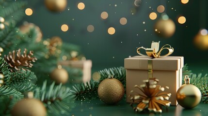 Christmas decorations with gift box on green background 3D

