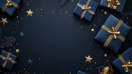 This image features an elegant arrangement of gifts in dark blue wrapping with golden ribbons, surrounded by stars and festive decor against a dark backdrop.