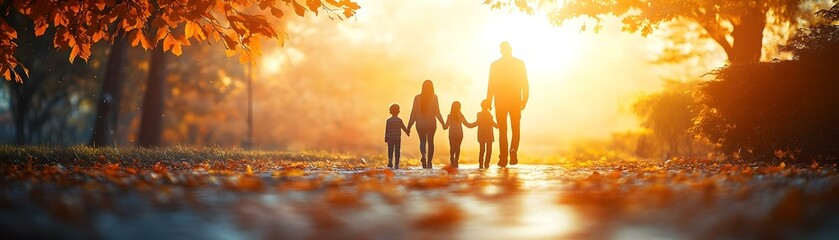 Soft Abstract Family Walking Park Sunset Image, Calming Lively Scene, Family Unity, Peaceful Dynamic Setting, Shared Moments Outdoors, Emotional Connection, Warm Light, Nature Photography, Adobe Stock