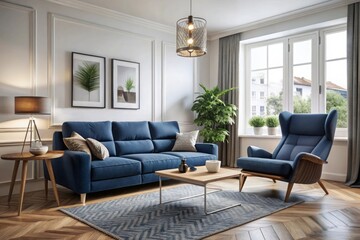 Fototapeta premium a living room with a blue couch and a coffee table