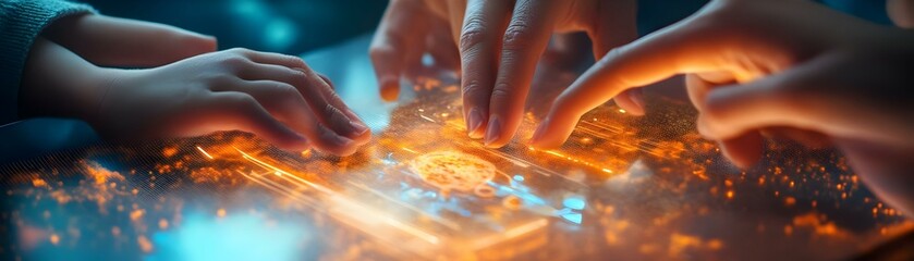 Macro Image Family Hands Holographic Meal Planner Collaboration Meal Planning Technology Smart Kitchen Concept Close Up Family Unity Organizing Meals Weekly Plan