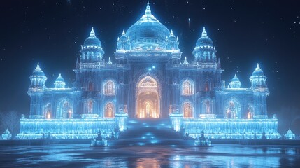An ornate, illuminated palace stands on a reflective surface under a star-filled night sky.