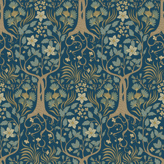 Blue retro seamless pattern. Stylized garden. Plant ornament.