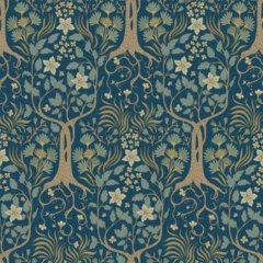 Blue retro seamless pattern. Stylized garden. Plant ornament.