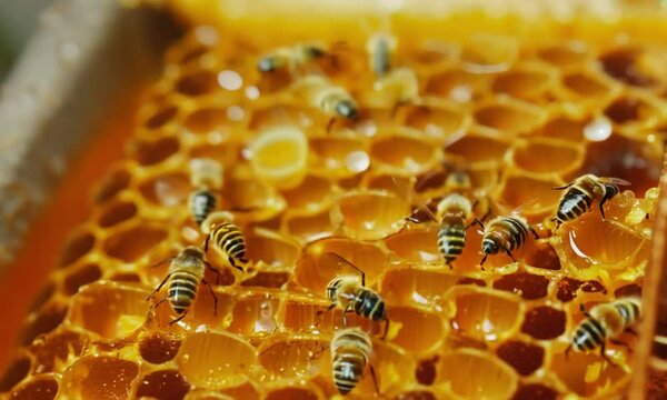 close up of honey bee on honeycomb