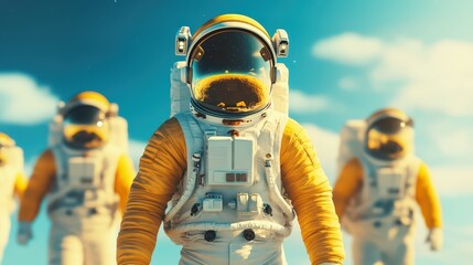 A group of astronauts in space suits explores a vibrant, extraterrestrial landscape under a bright blue sky.