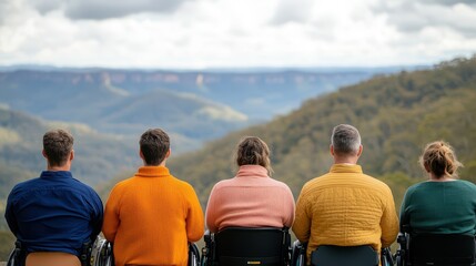 A group of friends enjoying a scenic view of mountains and valleys, showcasing camaraderie and nature's beauty.