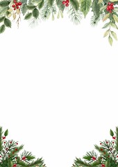Christmas frame with festive decorations like holly, snowflakes, ornaments, and pine branches, perfect for holiday cards and invitations. Bright, cheerful, red and green theme, ideal for seasonal cele