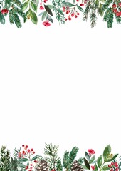 Christmas frame with festive decorations like holly, snowflakes, ornaments, and pine branches, perfect for holiday cards and invitations. Bright, cheerful, red and green theme, ideal for seasonal cele