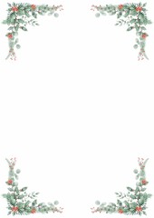 Christmas frame with festive decorations like holly, snowflakes, ornaments, and pine branches, perfect for holiday cards and invitations. Bright, cheerful, red and green theme, ideal for seasonal cele