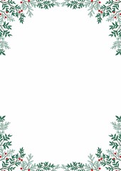 Christmas frame with festive decorations like holly, snowflakes, ornaments, and pine branches, perfect for holiday cards and invitations. Bright, cheerful, red and green theme, ideal for seasonal cele