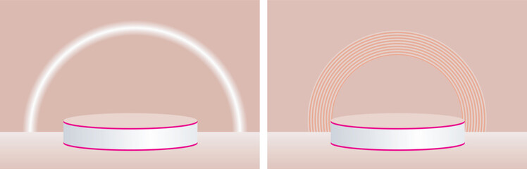 red blue realistic 3d background with cylinder podium. Black, red, white glowing light semi circles layers scene. Abstract minimal scene mockup products display, Stage showcase. Vector geometric forms