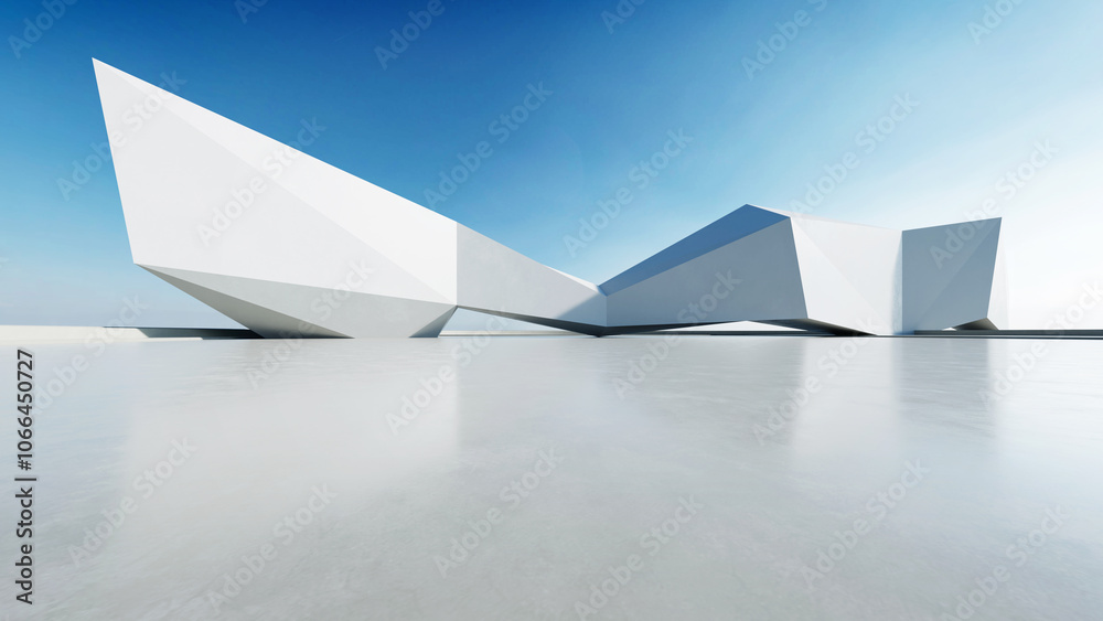 Poster 3d render of abstract modern concrete white architecture with empty cement floor, minimal exterior, 