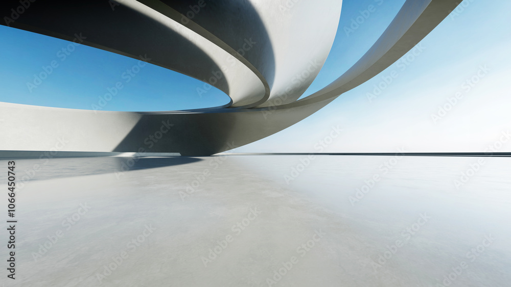 Poster 3d render of white futuristic architecture, abstract wavy structure with empty concrete floor