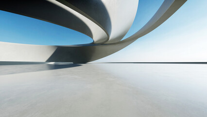 3d render of white futuristic architecture, abstract wavy structure with empty concrete floor