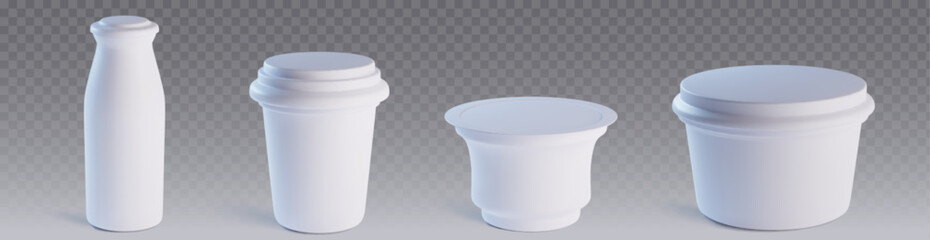 Plastic yogurt package mockup set. Food container with lid for cream or yoghurt isolated on transparent background. 3d milk bottle template. Packaging of sour cheese realistic can. Yogourt dessert