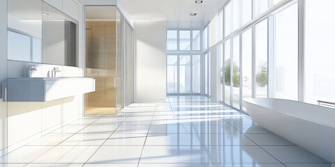 Fototapeta premium Spacious modern bathroom with large windows, sleek fixtures, and natural light creating a serene, minimalist atmosphere. Copy space