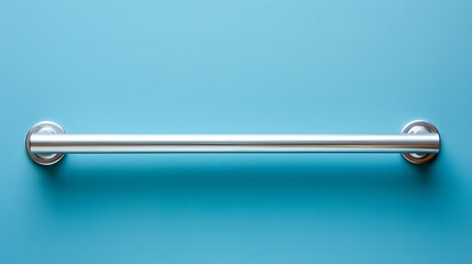 A modern grab bar mounted on a bright blue wall in a bathroom setting for safety and support
