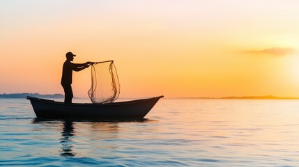 A silhouette of a fisherman casting a net from a small boat during a beautiful sunset over calm waters.