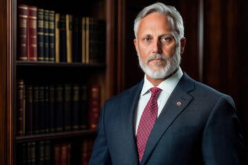 professional portrait of an experienced lawyer with a gray beard, wearing a suit and red tie, standing confidently in front of a library shelf filled with legal books