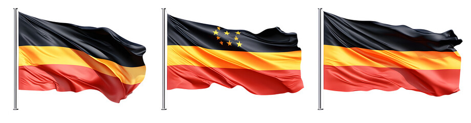 Fototapeta premium Set of flags of Germany. Germany symbols design elements. Large German flag waving in the wind. Isolated on a transparent background.