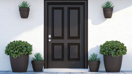 Modern house entrance featuring a brown door and small aloe plant decorations.