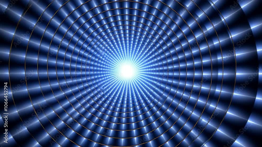 Fototapete Blue Abstract Tunnel of Light:  A mesmerizing abstract image of a blue tunnel with glowing light emanating from its center. The circular pattern creates a sense of depth and perspective.