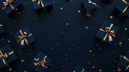 An elegant arrangement of blue gift boxes adorned with golden ribbons, scattered on a dark background with glittering stars.