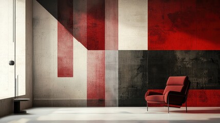 A bold abstract design featuring dynamic shapes and patterns in various shades of red, creating a striking visual impact suitable for a modern living room or office space.