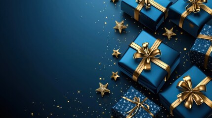 An arrangement of elegant blue gift boxes adorned with gold ribbons and sparkly stars on a deep blue background. Perfect for festive occasions.