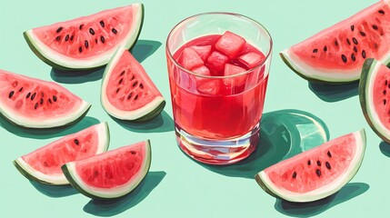 Watermelon and Watermelon Juice on a Teal Background