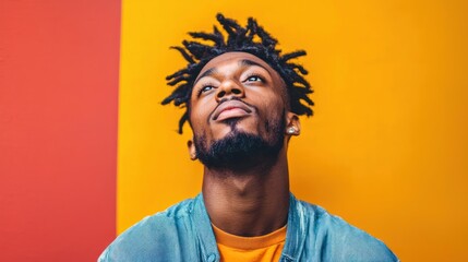 A bold studio portrait of a man with a colorful background and artistic expression.