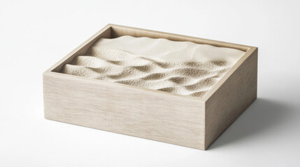 wooden box with textured lid, revealing glimpse of sand inside. box has calming and serene presence