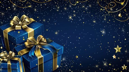 This image features elegantly wrapped gift boxes with golden ribbons set against a dark, starry background. Perfect for holiday season themes.