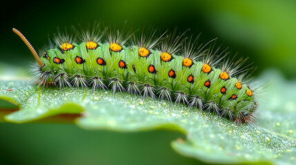 Fototapeta premium Tiny Green Caterpillar Inching Along a Leaf