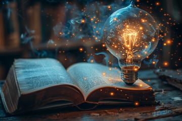 Explore innovative ideas an open book illuminated by a lightbulb sparks creativity and inspiration
