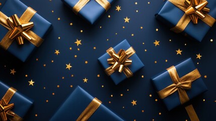 This image features blue gift boxes adorned with golden ribbons, scattered around on a dark surface sprinkled with golden stars, creating a festive atmosphere.