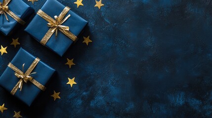 Three beautifully wrapped blue gifts adorned with glittering gold ribbons, resting on a dark blue textured background with golden stars scattered around.
