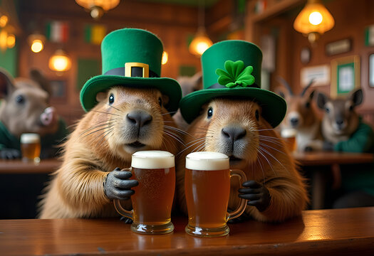 Two capybaras cheerfully celebrate St. Patrick's Day with a beer in an Irish pub