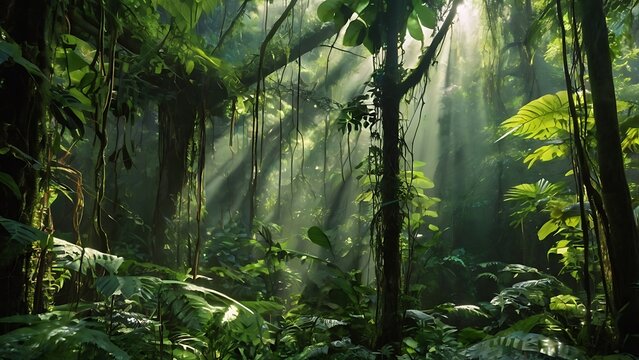 Sunbeams Filtering Through a Lush Rainforest Canopy