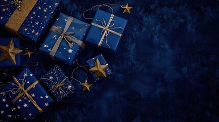 A collection of beautifully wrapped blue gift boxes adorned with gold ribbons and stars on a dark blue textured background. Perfect for celebrations.