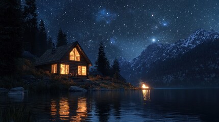 Fototapeta premium a cabin by the lake under a starry night sky. Show warm light glowing from the windows, with the lake reflecting the stars above and perhaps a campfire nearby for a cozy ambiance.