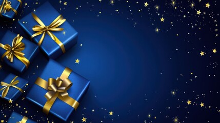 The image features a beautiful arrangement of blue gift boxes adorned with golden ribbons, set against a starry night background.